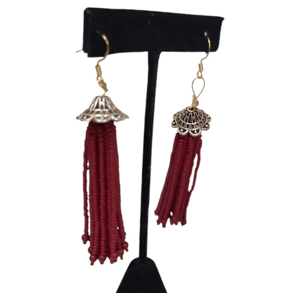 18k Gold Plated Red Tassel Fringe Chandelier Cap Earrings - Picture 2 of 3